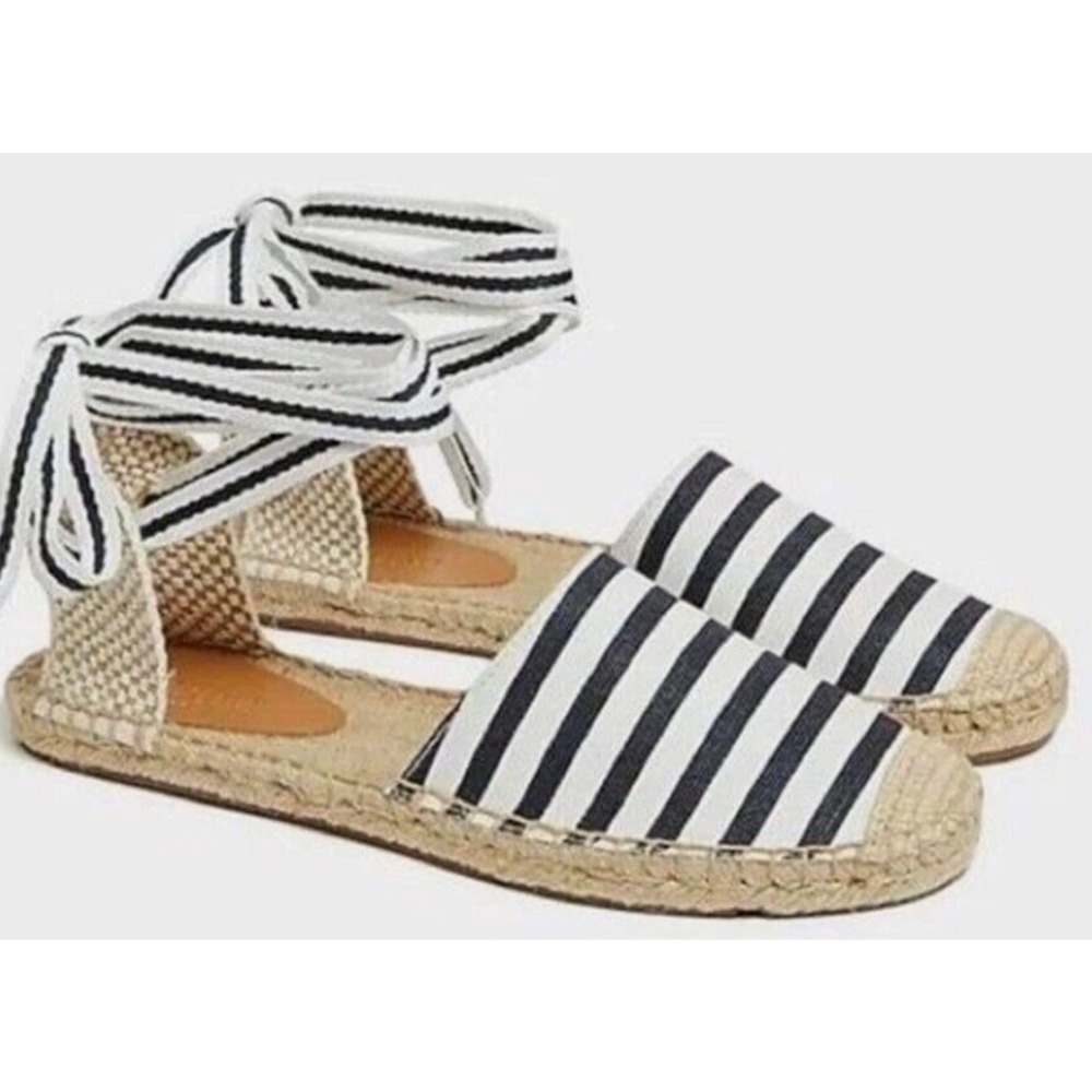 J. Crew Womens Sz 8.5 Striped Espadrille Flats w/Ankle Ties Boho Summer Sandals - Picture 9 of 9